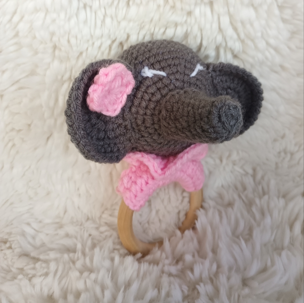 Gray and Pink Elephant Crochet Baby Rattle